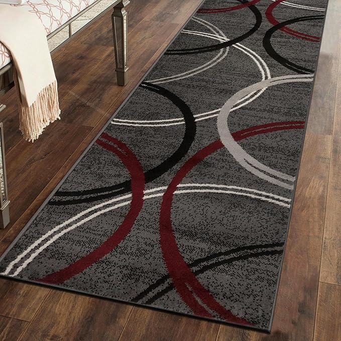 Rugshop Modern Wavy Circles Design Non-Shedding Runner Rug, Carpet for Hallway or Bathroom, Red, 2'7" x 6'