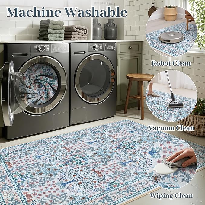 9x12 Area Rug Living Room Rug - Floral Vintage Forest Washable Carpet, Low Pile Non-Slip Stain Resistance Boho Soft Large Carpet for Bedroom, Dining Room Under Table, Farmhouse (9'x12' Blue/Pink)