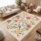 Rustic Flower Area Rug, 5x6ft, Classic Colorful Bohemian Floral Pattern with Beige Large Hall Botanical Rug, Non Slip No Crease Easy Care Girls Room Decor Carpet for Relax Room Bedroom
