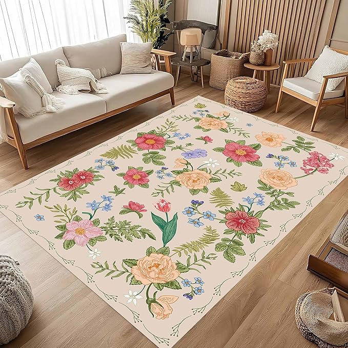 Rustic Flower Area Rug, 4x6ft, Classic Colorful Bohemian Floral Pattern with Beige Large Hall Botanical Rug, Non Slip No Crease Easy Care Girls Room Decor Carpet for Relax Room Bedroom