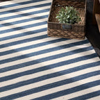 Home Conservatory Ladder Stripe Navy/Ivory Handwoven Wool 6 X 9 Feet, Blue/Ivory Stripe Pattern