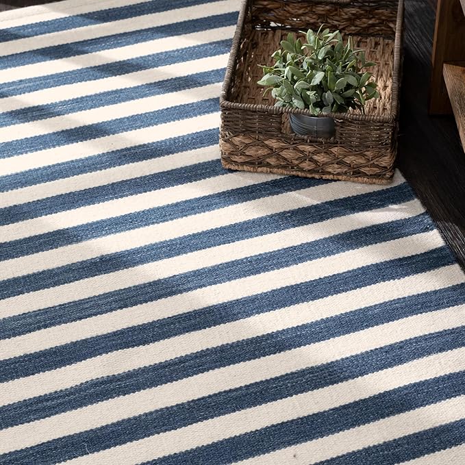 Home Conservatory Ladder Stripe Navy/Ivory Handwoven Wool 2.5 X 8 Feet, Blue/Ivory Stripe Pattern