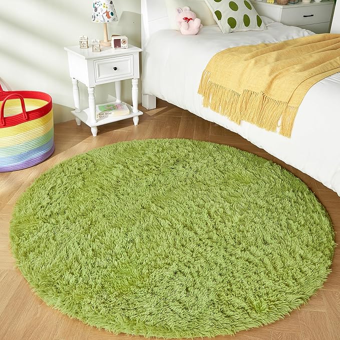 Andency Grass Green Round Area Rug 5x5 for Bedroom, Fluffy Shag Circle Rug for Room, Faux Fur Carpet for Home Decor, Fuzzy Plush Circular Rug for Living Room, Playroom