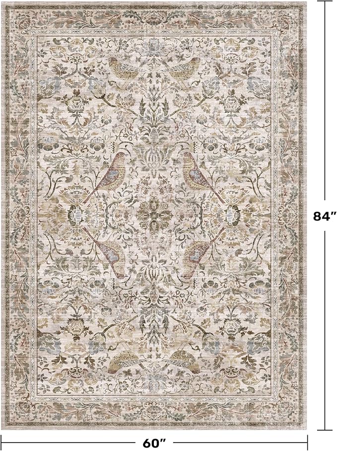 Moss 5x7 Living Room Area Rug, Vintage Washable Rug for Bedroom, Kitchen Table, Home Office, Oriental Brown Botanical Design, Low Pile Soft Carpet with Bird Pattern