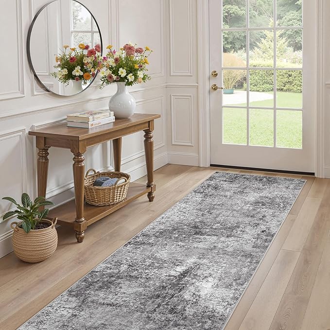 Washable Runner Rug for Hallway: 2.6x8 Neutral Modern Abstract Low Pile Area Rug with Non-Slip Backing - Carpet for Bedroom Kitchen Laundry Entryway Bathroom Indoor - Grey