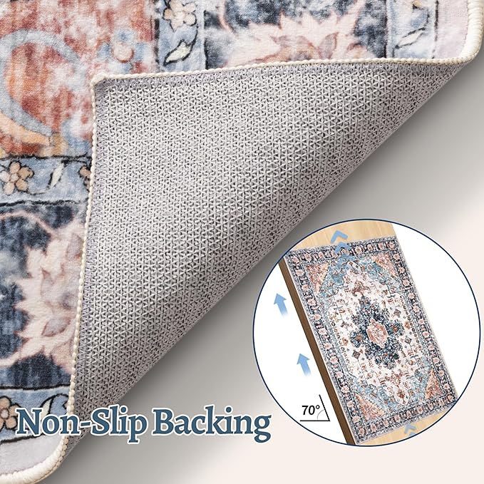 Tangsoo 2.6x8 Washable Runner Rug for Hallways, Non Slip Vintage Rug, Soft Low Pile Long Runner, Blue Carpet Runners for Kitchen Bedroom Entryway Bathroom Living Room