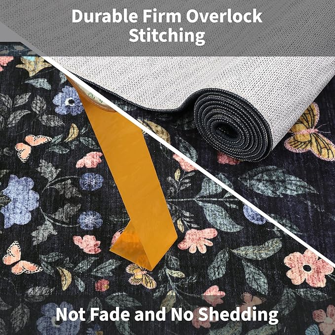 GarveeHome Washable Runner Rug 2 x 6 Non-Slip Non-Shedding Soft Vintage Bedside Rug, Low Pile Farmhouse Floral Carpet, Indoor Foldable Printed Entryway Rug for Hallway Kitchen, Dark Grey Blue