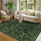 5×7 Dark Green Washable Floral Area Rug,Vintage Boho Soft Low-Pile Living Room Rugs, Stain Resistant Botanical Non-Slip Carpet for Bedroom,Dining Room, Kids Nursery,Home Decor