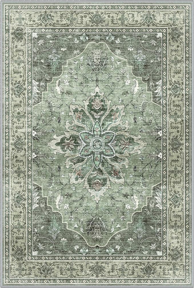 Area Rugs Square 7ft Washable Non-Slip, Floral Vintage Distress Print Pattern Medallion Carpet for Living Room Bedroom Dining Room, Dark Green Gray