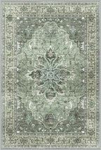 Area Rugs 2'x9' Washable Non-Slip, Floral Vintage Distress Print Pattern Medallion Carpet for Living Room Bedroom Dining Room, Dark Green Gray