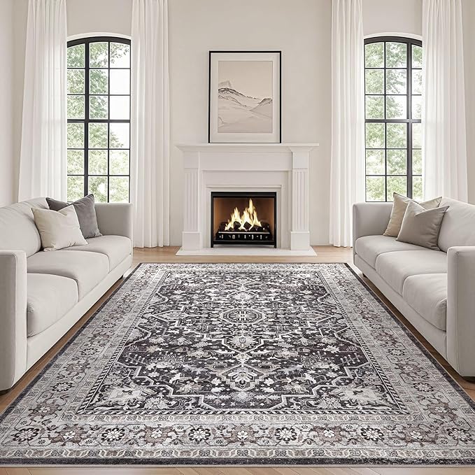 Black Rug Living Room Rugs: 10x14 Washable Boho Large Vintage Moody Soft Distressed Oriental Stain Resistant Non-Slip Indoor Floor Carpet for Bedroom Playroom Office Dining Room Retro Home House