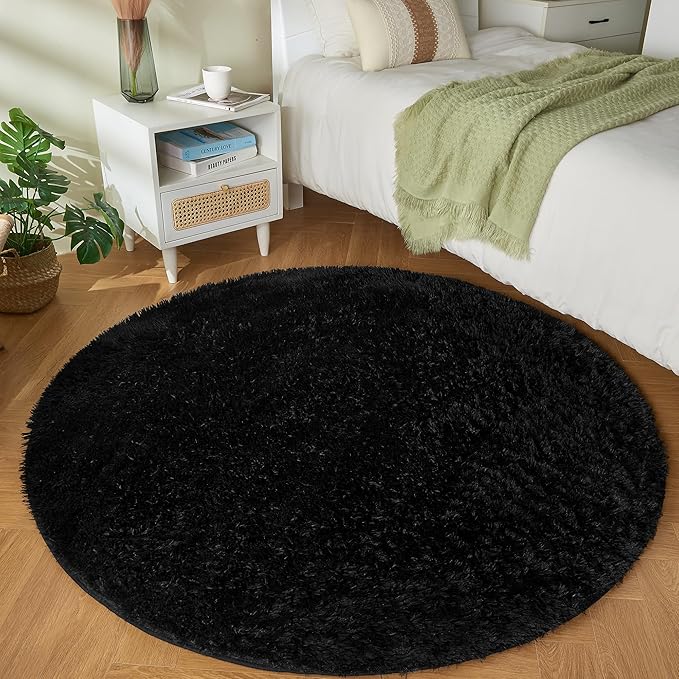 Andency Black Round Area Rug 5x5 for Bedroom, Fluffy Shag Circle Rug for Room, Faux Fur Carpet for Home Decor, Fuzzy Plush Circular Rug for Living Room, Playroom
