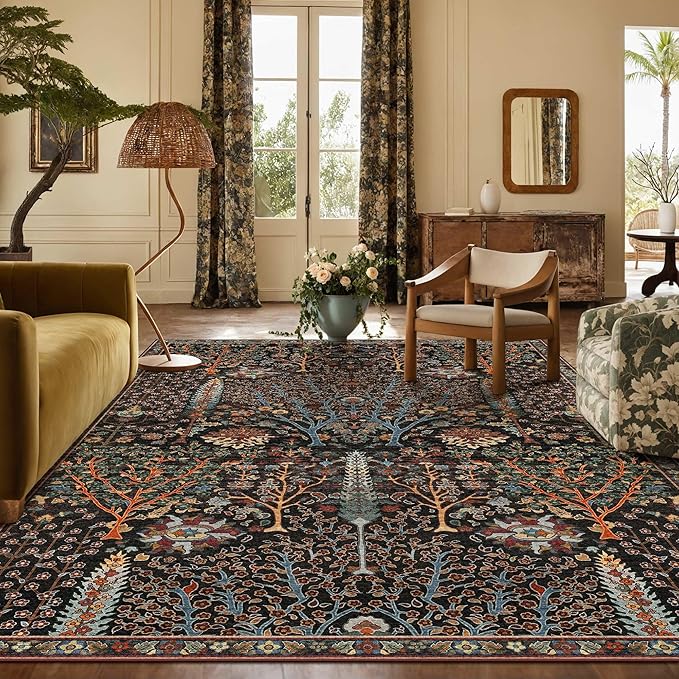Kokia Boho Vintage Floral Area Rugs, Washable Oriental Botanical Rugs for Living Room, Bedroom, Dining Room, Office, Large Soft Indoor Area Rug, Wild Black，8x10