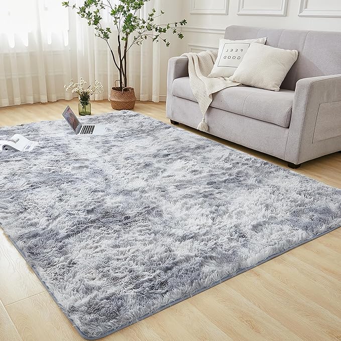 Andency Area Rugs 9x12 for Living Room Home Decor, Large Shaggy Bedroom Carpet, Non-Slip Big Shag Indoor Thick Soft Fluffy Furry Fur Area Rugs for Kids Dorm Nursery Aesthetic, Tie-Dyed Light Grey