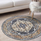 KOZYFLY Boho Round Rug 3 Ft Rugs for Entryway Washable Circle Rug Non Slip Doormat Gold Navy Printed Faux Wool Vintage Round Entryway Rug Floor Carpet Round for Entrance, Bedroom