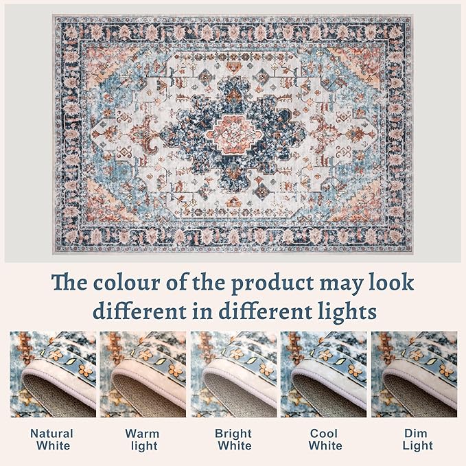 Tangsoo Vintage Rug 2x3 Washable Rug for Entryway, Non Slip Small, Indoor Front Door, Print Distressed Blue/Beige Door Mat Carpet, Soft Low Pile Rugs for Entrance Kitchen Bedroom Bathroom