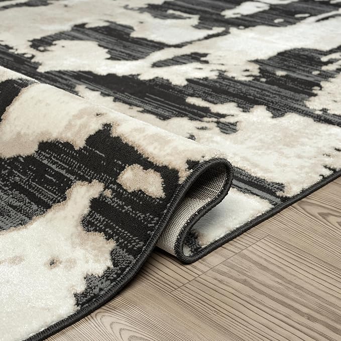 Abani Terra Cream Area Rug for Living Room, Bedroom - Black Abstract Pattern - 2' x 3' - Durable & Easy to Clean