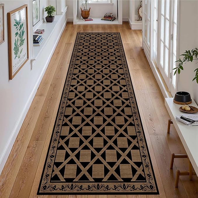 Minimalist Checkered Runner Rug, 4x10ft, Brown Checkerboard Floor Mat, Floral Print Hallway Kitchen Runners Rugs, Washable Breathable Reduce Noise Room Decor Carpet for Bedroom Foyer