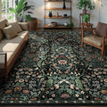 9x12 Black Vintage Floral Area Rug,Washable Large Boho Living Room Rugs,Botanical Print Non-Slip Stain Resistant Lightweight Carpet for Bedroom Dining Room Nursery