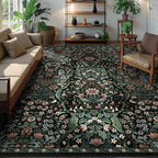8x10 Washable Area Rug for Living Room, Large Vintage Black Floral Rugs, Soft Non-Slip Stain Resistant Boho Lightweight Carpet for Bedroom Dining Room Nursery Home Office