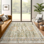 5x7 Area Rugs Green Orange Low Pile Indoor Washable Trendy Faded Style Rugs for Bedroom Living Room Dining Room Foldable Non-Slip Thin Print Mat
