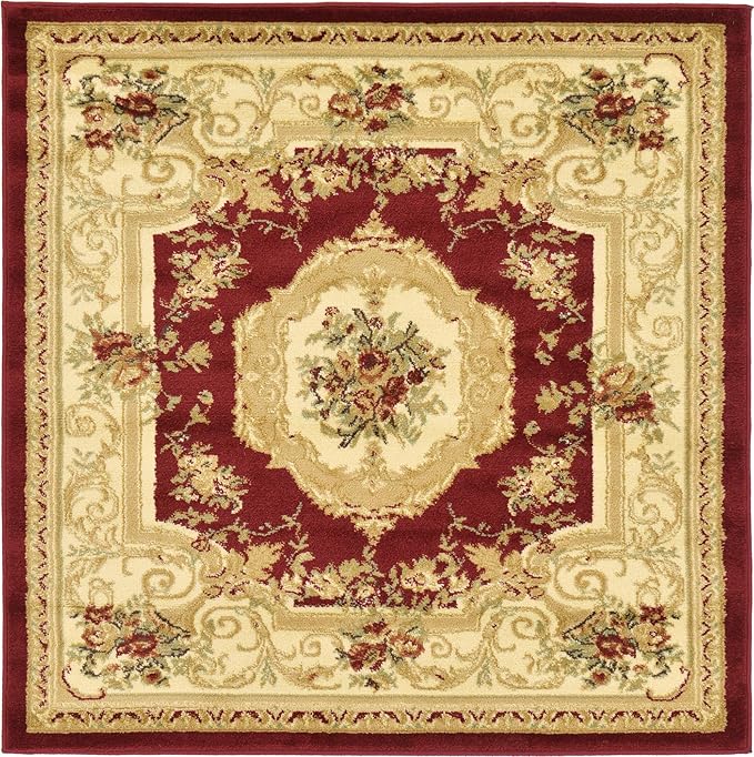 Rugs.com Chateau Collection Rug – 4 Ft Square Red Medium Rug Perfect for Living Rooms, Kitchens, Entryways