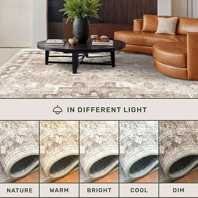 Washable Neutral Farmhouse Living Room Rug, 5x8 Area Rugs for Bedroom Under Bed, Nursery Room, Boho Vintage Floral Non-Slip Rug Low Pile Stain Resistant (5x8 Beige/Latte)