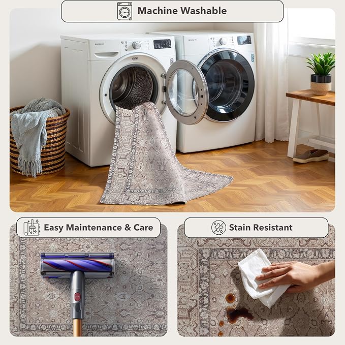 Kuden 2'6"x7' Runner Rug, Machine Washable Area Rug with Non-Slip Backing, Vintage Style, Soft, Easy Clean, Low Pile Rug for Hallway, Entryway, Kitchen, Bedroom