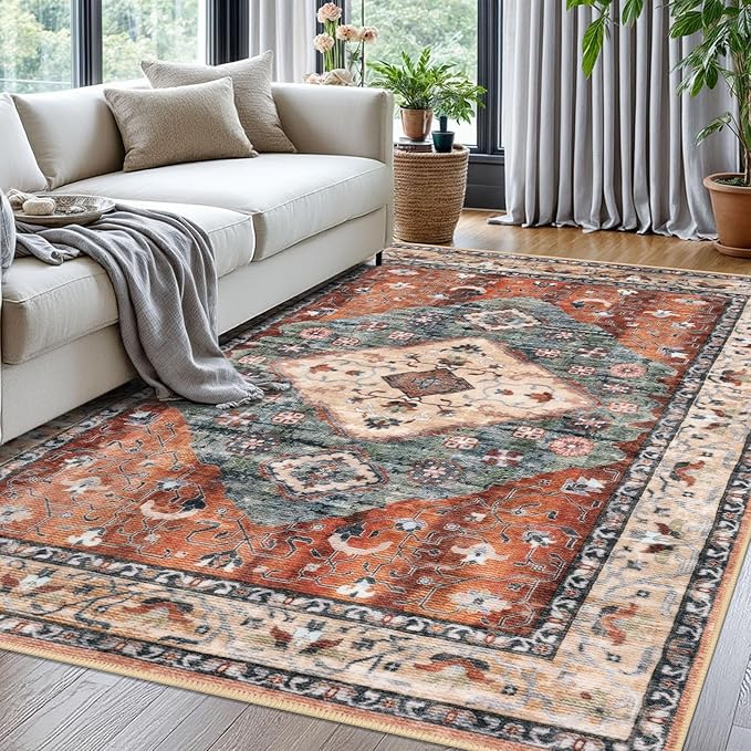 KOZYFLY Boho Area Rug 5x7 Ft Thin Rugs for Living Room Washable Bedroom Rug Non Slip Rugs for Living Room Rust/Orange/Blue Printed Faux Wool Vintage Bedroom Rug Floor Carpet for Dining Room
