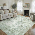 10x14 Washable Area Rug Sage Green Abstract Living Room Bedroom Carpet Neutral Modern Non-Slip Soft Low Pile Lightweight Vacuumable Large Throw Rug for Dining Room