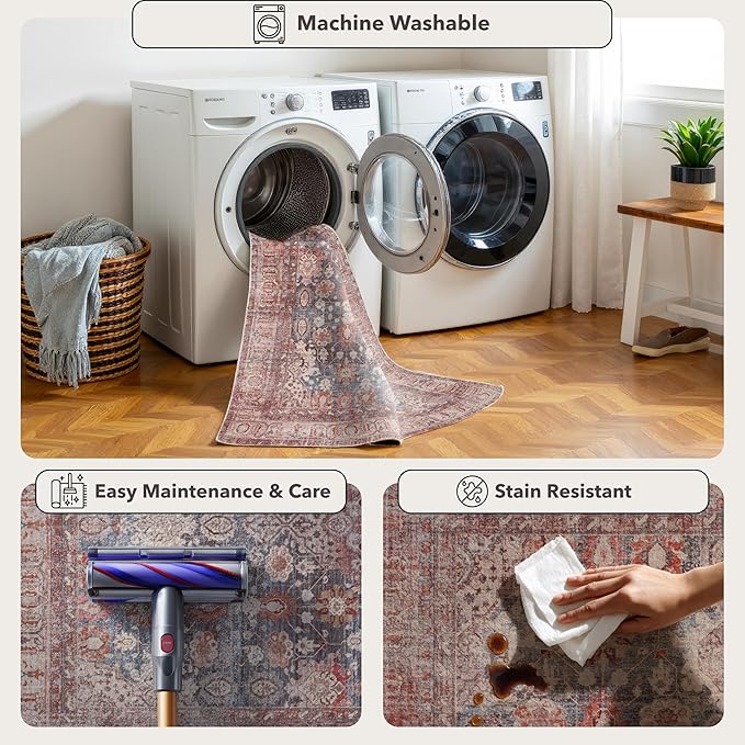 Kuden 3x5 Small Rug, Machine Washable, Non-Slip Backing, Vintage Style, Soft, Low Pile, Area Rugs for Entryway Kitchen Indoor Entrance