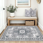 LUMI Indoor Thin Door Mat, 18x30 Washable Small Inside Doormat, Non Slip Low Pile Oriental Floor Carpet, Vintage Distressed Area Rug for Front Door,Entrance,Bedroom, Blue