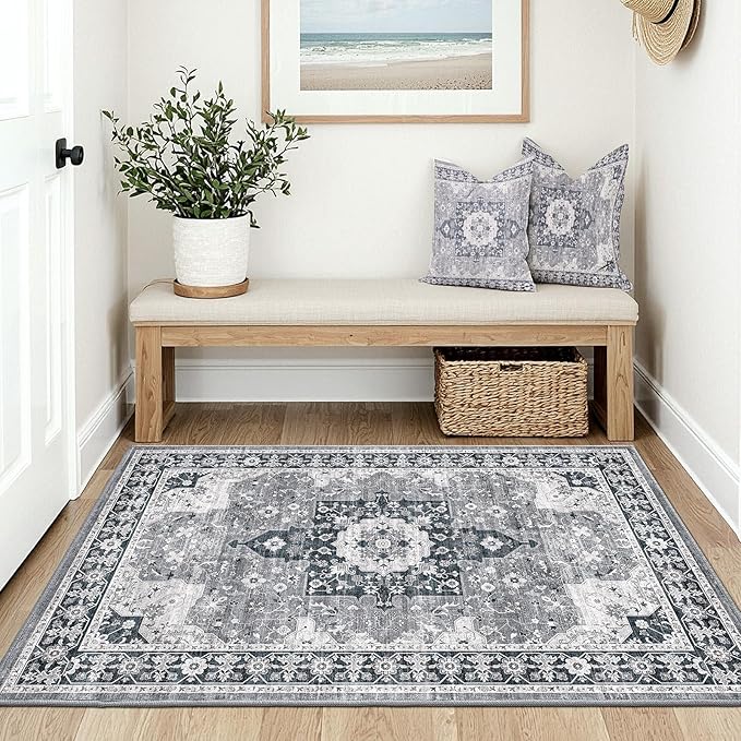 LUMI Indoor Thin Door Mat, 24x36 Washable Small Inside Doormat, Non Slip Low Pile Oriental Floor Carpet, Vintage Distressed Area Rug for Front Door,Entrance,Bedroom, Blue