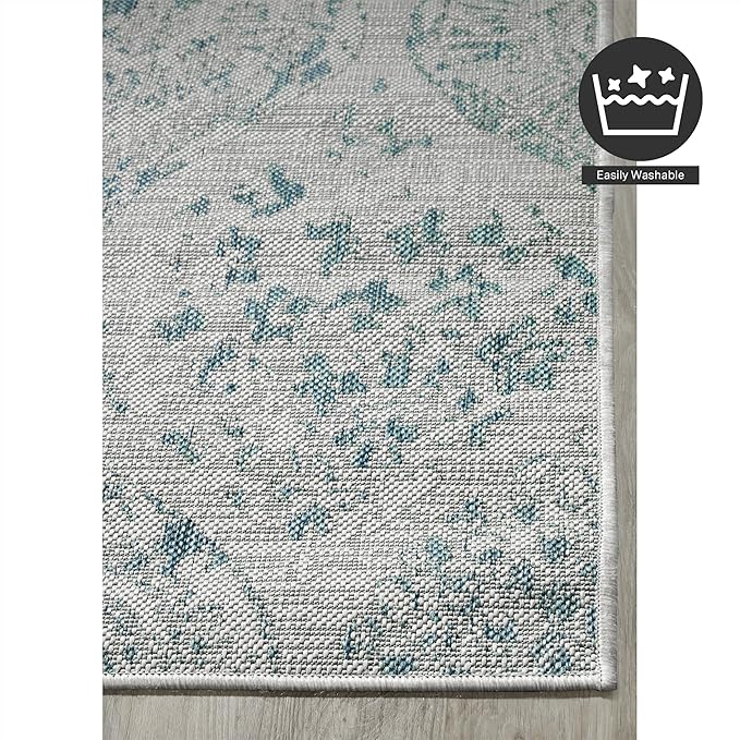 FH Home Flat Woven Outdoor Rug - Waterproof, Easy to Clean, Stain resistant - Premium Polypropylene Yarn - Distressed Farmhouse - Porch, Deck,Balcony,Laundry Room - Granada - Aqua - 2ft 7in x 4ft 11in
