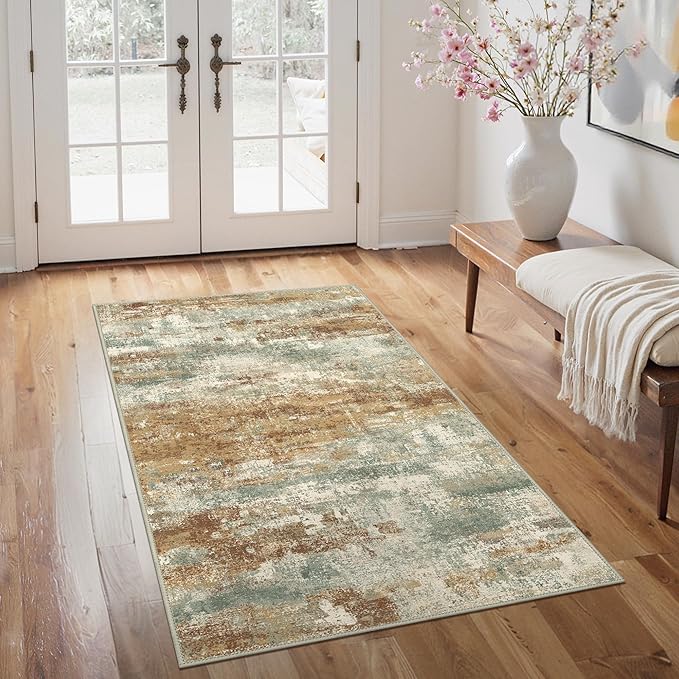 GENIMO 3x5 Rug for Entryway Washable Area Rug, Modern Abstract Small Rugs for Entrance Living Room, Bedroom Beside Rugs, Non-Slip Low Pile Lightweight Soft Carpet, Orange Green