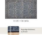 Washable Living Room Rug: 3x5 Boho Floral Soft Area Rug for Bedroom Decor - Vintage Low Pile Thin Carpet for Dining Room Non-Slip - Farmhouse Stain Resistant Rugs - Slate Blue