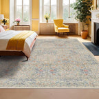 Washable Dining Room Rugs, 7x9 Area Rug for Living Room, Bedroom, Kids Playroom, Low Pile Non-Slip Lightweight & Stain Resistance - Light Beige Blue Oriental Vintage Design