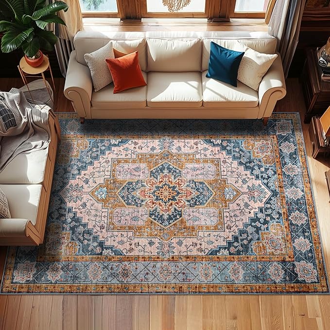 YJ.GWL Area Rugs for Living Room 6x9 Machine Washable Rugs, Non Slip Floral Vintage Rug Indoor Carpet, Stain Resistant Large Rug for Bedroom Dining Room, Brown Blue