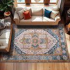 YJ.GWL Area Rugs for Living Room 6x9 Machine Washable Rugs, Non Slip Floral Vintage Rug Indoor Carpet, Stain Resistant Large Rug for Bedroom Dining Room, Brown Blue