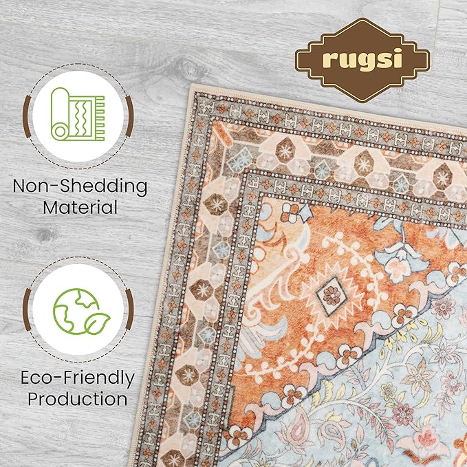 Washable Runner Rug 2.5x8 | Non Slip Rug Runners for Hallways, Entryways, Kitchens, Bathrooms, Bedrooms | Ultra-Soft Flannel Carpet Runners with Rubber Backing (Light Teal/Rust, 2.5x8)