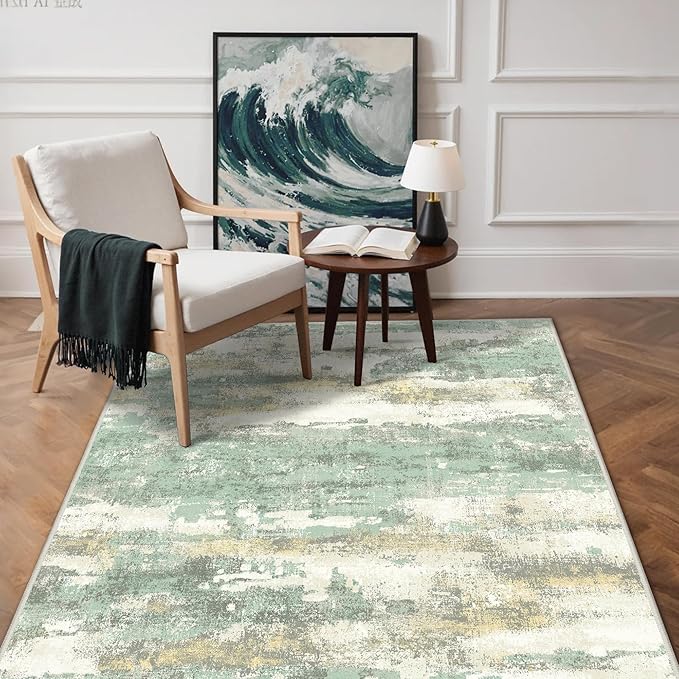 GENIMO 3x5 Rug for Entryway Washable Area Rug, Modern Abstract Small Rugs for Entrance Living Room, Bedroom Beside Rugs, Non-Slip Low Pile Lightweight Soft Carpet, Light Green