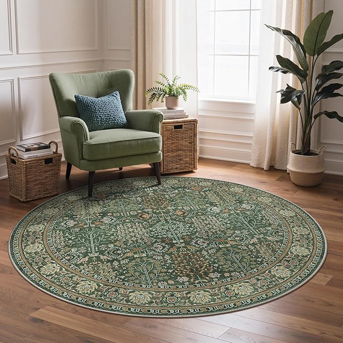 Bavni Round Rug 5ft-Machine Washable Area Rugs Non-Slip for Bedroom, 5x5 Vintage Floral Rug Distressed Throw Carpet for Living Room Nursery Kitchen Bathroom, Forest Green