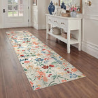 Floral Runner Rug 2x7 Washable Hallway Long Beige Bedroom Carpet Non Slip Indoor Boho Kitchen Low Pile Accent Rug Lightweight Soft for Bathroom Dining Laundry Living Room