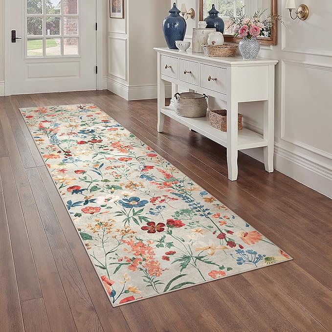 Floral Runner Rug 2x7 Washable Hallway Long Beige Bedroom Carpet Non Slip Indoor Boho Kitchen Low Pile Accent Rug Lightweight Soft for Bathroom Dining Laundry Living Room