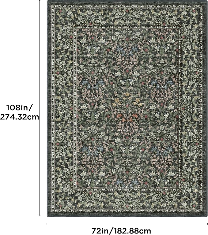 Bavni 6x9 Area Rugs for Living Room, Floral Rug Machine Washable Non Slip, Vintage Boho Forest Carpet, Soft Low Pile Thin Lightweight Rugs for Bedroom, Farmhouse, Dining Room Office, Emerald Green