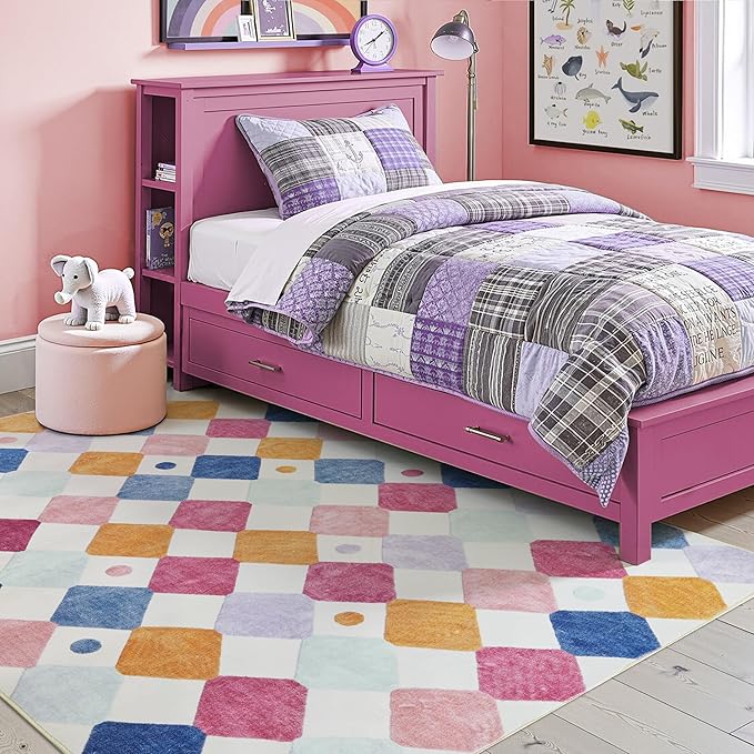 jinchan Area Rug 5x7 Kids Washable Indoor Floor Cover Non-Slip Modern Soft Rug Elementary School Classroom Colorful Diamond Carpet for Nursery Playroom Daycare Bedroom Living Room Berries on Cream