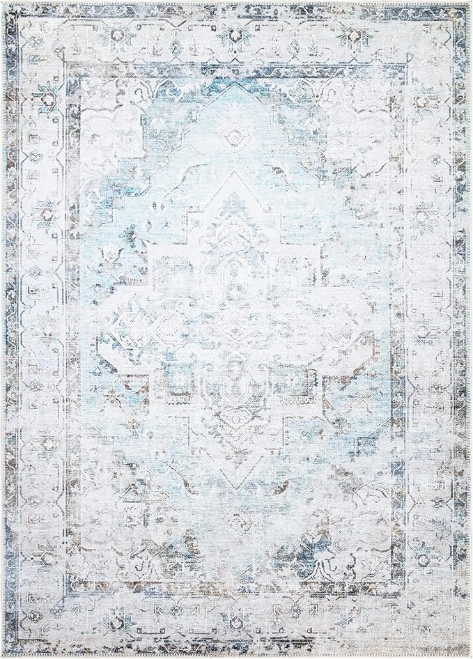 Bloom Rugs Washable Non-Slip 5' x 7' Rug - Beige/Blue Traditional Area Rug for Living Room, Bedroom, Dining Room, and Kitchen - Exact Size: 5' x 7'