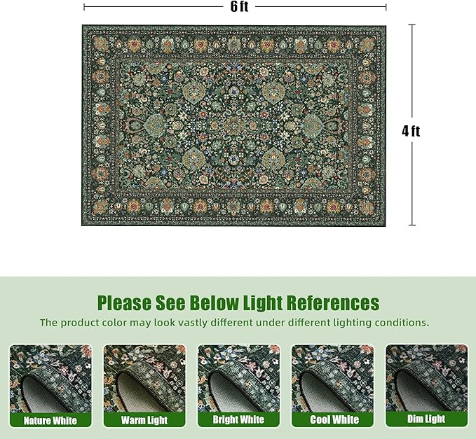 Dark Green Rug 4x6 Area Rug with Non-Slip Backing, Washable Rugs for Bedroom Living Room Kitchen, Distressed Carpet Printed Low-Pile Soft Dorm Rug Room Decor