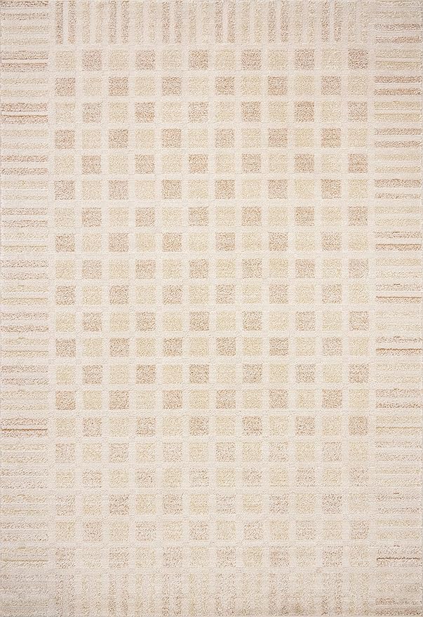 Loloi Chris Loves Julia Calvin Collection CLV-03 Bone/Natural 2'-7" x 7'-6" Runner Rug Checkered Neutral Soft Living Room Bedroom Carpet