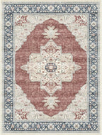 9X12 Washable Vintage Area Rug Boho Chic Medallion Distressed Design Non-Shedding Easy Care Ideal for High Traffic Areas in Living Room Bedroom Office Large Carpet (Brick/Beige, 9x12)